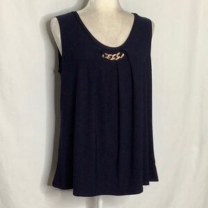 Susan Lawrence Sleeveless Navy Blue Blouse With Gold Chain Detail Size XL